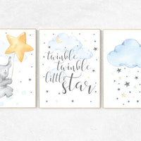 Elephant nursery art, Gender neutral nursery, Twinkle twinkle little star, nursery decor neutral, cloud and stars, baby room decor, moon