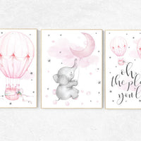 Nursery prints girl, nursery decor girl elephant, hot air balloon, cloud and stars, oh the places you'll go, moon nursery, baby room decor