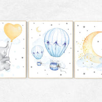 Nursery decor neutral, nursery wall art elephant, hot air balloon, cloud nursery decor, star and moon nursery wall art, gender neutral