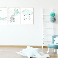Nursery decor neutral, Nursery decor turquoise, Nursery decor elephant, Mint nursery decor, aqua nursery art, mint green, cloud and star
