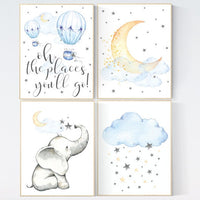 Elephant nursery, Nursery decor hot air balloons, cloud nursery decor, Oh the places you'll go, Nursery decor neutral moon and stars nursery