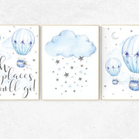 Nursery decor boy hot air balloon, oh the places you'll go, hot air balloon nursery, blue and gray nursery, cloud and stars, boys room