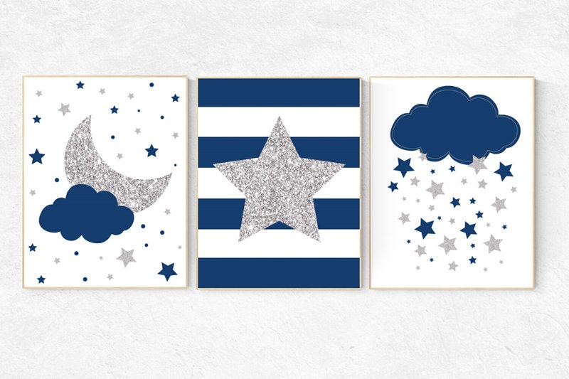 Navy silver nursery, navy silver nursery set, Baby boy nursery decor, nursery wall art boy, navy blue, cloud and stars, baby room wall art