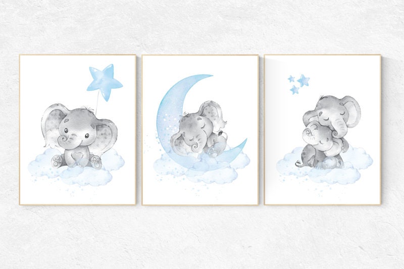 Nursery decor boy elephant, nursery wall art elephant, baby room decor boy, cloud and stars, Elephant Nursery Art, Baby Boy Nursery Art