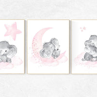 Elephant nursery print, nursery decor girl, pink and gray nursery, cloud and stars nursery, baby room decor girl, nursery prints girl