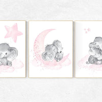 Elephant nursery art, elephant nursery print, pink and gray nursery, cloud and stars nursery, baby room decor girl, nursery prints girl