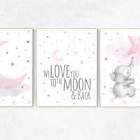 Elephant nursery wall art, Nursery decor girl, nursery decor girl pink, pink nursery, we love you to the moon and back, cloud and stars