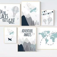 Nursery decor boy mountains adventure, mountain nursery art, adventure awaits. mountain, hot air balloon, planes, world map, gender neutral