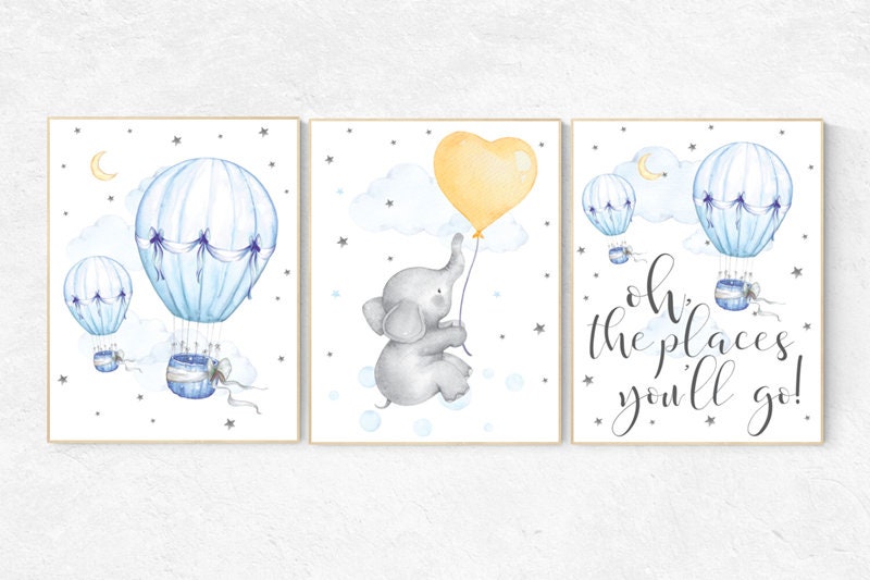 Nursery art neutral, hot air balloon nursery, gender neutral, Oh the places you&