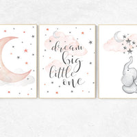 Nursery decor girl coral, nursery decor elephant, dream big little one, cloud and stars, moon and stars nursery, coral and gray nursery