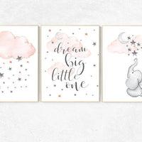 Nursery decor elephant, Nursery decor girl coral, dream big little one, cloud and stars, moon and stars nursery, coral and gray nursery