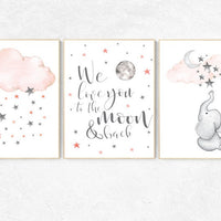 Nursery decor elephant, Nursery decor girl coral, we love you to the moon and back, cloud and stars, moon and stars nursery, coral and gray