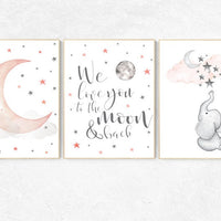 Nursery decor elephant, Nursery decor girl coral, we love you to the moon and back, cloud and stars, moon and stars nursery, coral and gray