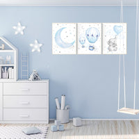 Nursery decor elephant, Nursery decor boy hot air balloon, nursery wall art boy, blue and gray, baby room decor, nursery prints, moon, stars