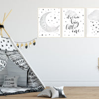 Nursery wall art black and white, gray nursery, nursery decor neutral, baby room decor gender neutral cloud and stars, dream big little one