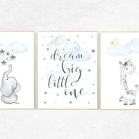 Nursery decor elephant, dream big little one, nursery decor elephant and giraffe, Nursery decor neutral, moon and stars, gender neutral
