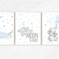 Nursery wall art boy elephant, we love you to the moon and back, Blue gray, Nursery decor boy, clouds and stars nursery, blue grey, moon