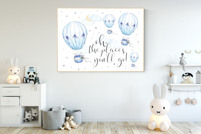 Nursery decor boy hot air balloon, nursery decor boy adventure, Dream Big, blue nursery, boys room wall art adventure, nursery prints boy