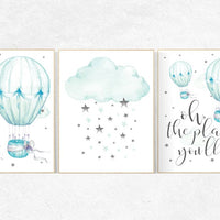 Mint nursery decor, hot air balloon, gender neutral nursery, oh the places you'll go, mint green nursery wall art, cloud and stars nursery