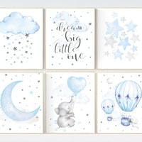 Nursery decor boy, nursery wall art boy elephant, cloud and stars, dream big little one, nursery art, moon nursery, dream big little one