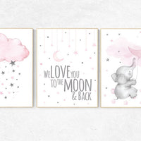 Nursery wall art girl elephant, Nursery decor girl pink and gray, nursery prints girl, cloud and stars, we love you to the moon and back