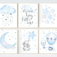 Nursery decor boy, nursery decor elephant, blue nursery wall art, baby room wall art boy elephant, dream big little one, hot air balloon