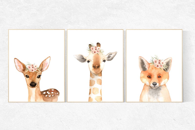 Nursery decor blush, blush pink nursery decor, animal flower crown, nursery prints animals, nursery decor girl flower, woodland animals