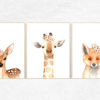 Nursery decor blush, blush pink nursery decor, animal flower crown, nursery prints animals, nursery decor girl flower, woodland animals