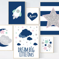 Nursery decor, nursery wall art, navy mint pink, dream big little one we love you to the moon and back, cloud, stars, twin nursery