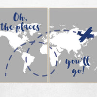 Oh the places you'll go, gray nursery decor, travel nursery decor, World Map wall art, world map nursery, navy gray nursery, grey nursery