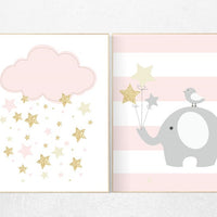 Pink gold cream nursery, nursery decor girl elephant, nursery wall decor girl, cloud and stars, nursery ideas, baby room decor girl, girls