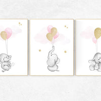 Nursery decor girl, gold and pink nursery decor, elephant balloon print, nursery wall art girl elephant, , gold nursery art, nursery prints