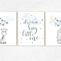 Nursery wall art elephant, nursery decor neutral, dream big little one, cloud and stars, giraffe nursery, moon and stars, gender neutral