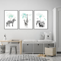 Safari nursery wall decor, teal, Nursery decor animals, gender neutral nursery, safari animal prints, zebra, elephant, safari animal balloon