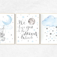 Elephant nursery, Blue and gray, we love you to the moon and back, Nursery decor boy, nursery decor, boys room, clouds and stars, blue grey