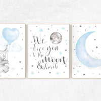 Elephant nursery, Blue and gray, we love you to the moon and back, Nursery decor boy, nursery decor, boys room, clouds and stars, blue grey