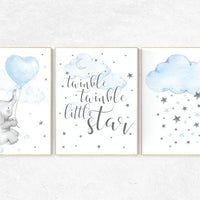 Nursery decor boy, nursery decor boy elephant, nursery wall art boy, twinkle twinkle little star, cloud and raindrops elephant nursery print