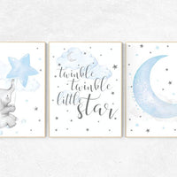 Nursery decor boy, nursery decor boy elephant, nursery wall art boy, twinkle twinkle little star, cloud and raindrops elephant nursery print