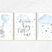Elephant nursery, dream big little one, Blue and gray, Nursery decor boy, nursery decor, boys room decor, , clouds and stars, blue grey