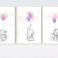 Nursery decor girl, elephant balloon print, pink, purple, elephant wall art, girl nursery wall art, Elephant Nursery Prints, lavender, lilac