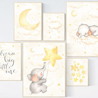 Nursery decor elephant, nursery wall art neutral, dream big little one, baby wall art elephant, baby room decor gender neutral, cloud, star