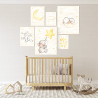 Nursery decor elephant, nursery wall art neutral, twinkle twinkle little star, baby wall art, baby room decor gender neutral, cloud, star