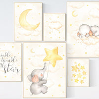Nursery decor elephant, nursery wall art neutral, twinkle twinkle little star, baby wall art, baby room decor gender neutral, cloud, star