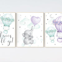 Nursery decor girl elephant, nursery decor girl purple, hot air balloon, purple mint, lavender, nursery decor girl lila, lilac mint, aqua