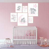 Nursery wall art girl elephant, pink and gray, nursery decor girl pink, dream big little one, cloud, stars, nursery prints, baby room decor