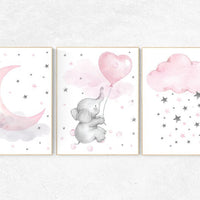 Nursery decor girl pink and gray, elephant nursery, nursery decor girl pink, pink and grey, cloud and stars, pink nursery, pink gray nursery