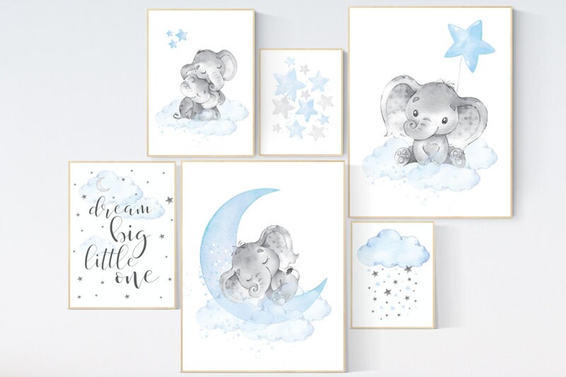 Nursery decor boy elephant, nursery wall art boy, Blue and gray, cloud and stars, baby room art elephant, elephant nursery art, moon nursery