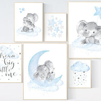 Nursery decor boy elephant, nursery wall art boy, Blue and gray, cloud and stars, baby room art elephant, elephant nursery art, moon nursery