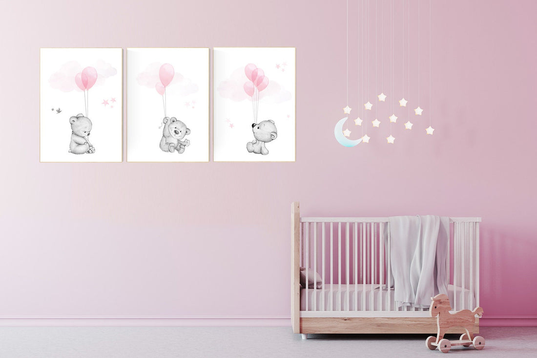 Nursery decor bear, bear nursery print,  teddy bear, pink grey nursery, nursery wall art animals, girl room decor, baby girl nursery decor