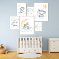 Nursery decor neutral, Nursery prints elephant, nursery decor clouds stars, gender neutral, baby room, unisex, Nursery wall art elephant